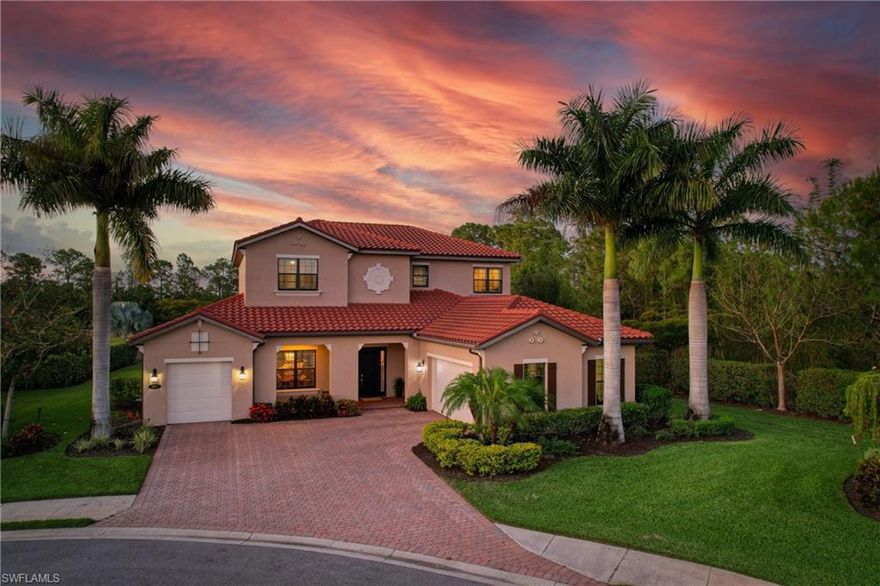 Exceptional oversized estate lot in Mockingbird Crossing! Over 1/3 acre that lives twice its size with beautiful views, room to play, amazing outdoor spaces, and cul de sac location. This stunning home overlooks the beautiful Calusa Pines GC preserve area with 4 bedrooms+den,  15' x 20' bonus room, 4 1/2 baths and 3-car garage. The grand two story entry leads to a great room with a full wall of doors opening to the magnificent pool area. Kitchen features two tone cabinets, GAS cooktop, built-in wall oven, large island, and wonderful butler's pantry with walk-in storage. First floor den or home office can also access the outdoor space. FIRST FLOOR owner's suite has tray ceiling, custom closet, separate vanities, tub and shower. The upstairs bedrooms are generously proportioned and offer large closets and a jack and jill bath for bedrooms 1&2 along with an ensuite bath for bedroom 3. The bonus room can be a media center, home school or home business and has its own bath. The covered pool area is amazing and creates multiple areas to cook, dine, and unwind. Salt pool has both lap zone for workout and a lounge zone for relaxing. Gas Firepit for evening entertaining.  A rated schools!