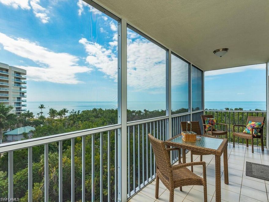Gorgeous views of the Gulf of America in this 7th floor one bedroom condo.  Renovated kitchen with quartz counters and furnished with a charning beach flair.  Relax on the oversized lanai and enjoy the sunset over the Gulf after a day on the beach or at the community pool.  Walk out the back door and you're steps to Delnor Wiggins and Vanderbilt Beach.  Stroll down the street to La Playa, The Ritz Carlton and the Turle Club and a short drive to the shops and dining at Mercato.