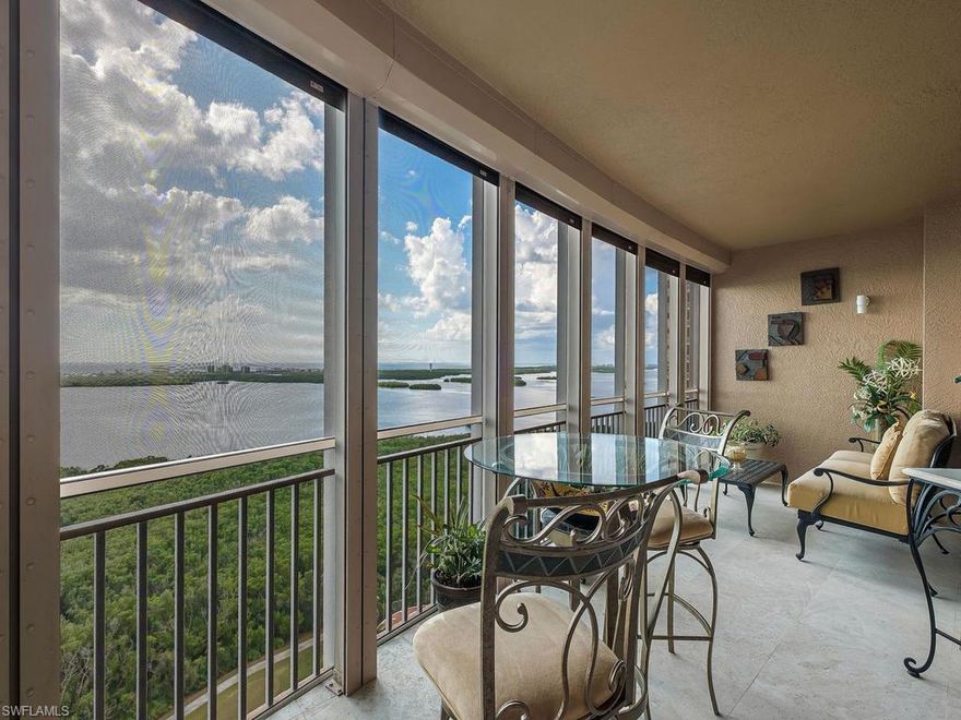 C.154349 - As you enter Estancia #2003, you are greeted with a spectacular panoramic view of Estero Bay and the Gulf of Mexico.  The living and family rooms have separate large west-facing screened terraces. Both the dining room and breakfast area have stunning clear uninterrupted views over the inter coastal waterway. Both guest rooms open onto an east-facing open terrace. The kitchen is updated with stainless steel appliances. Estancia includes a social and card room, fitness center, large pool and spa with gas grills, two guest suites and a full-time resident manager.  Bonita Bay, a gated community, welcomes owners to a complete luxury lifestyle.  Bonita Bay has 5 golf courses, 18 court tennis center, 18,000 s.f. fitness center, 8,000 s.f. Lifestyle spa & salon, full service marina, private Gulf front beach pavilion, 6 restaurants, 8 pickle ball courts, crochet, bocce ball, canoeing, 3 parks, 12 miles of biking/walk trails, a life enrichment center and much more.