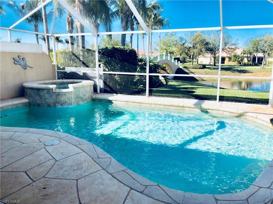 WHAT AN OPPORTUNITY AT THIS NEW PRICE OF $329,000 including a SPA AND SW EXPOSURE !!!!! Capri 2 bedroom, plus den, 2 bathroom, 2 car garage, carpet and tile, Custom heated pool and spa with screened lanai over looking water and bridges. Community pool, lap pool, tennis courts, bocce, pickle ball, restaurant, post office, gas station, car wash, hair salon, travel agency, onsite Real estate office.