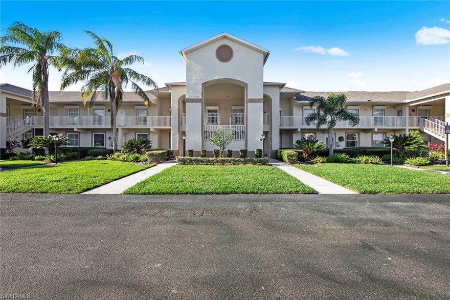 Turnkey furnished 2 bedroom, 2 bath 1st floor condo with lake and golf course view. Tile and vinyl flooring throughout, freshly painted and furnished.  Master bedroom has a bay window, walk in closet and attached bath with shower.  Great floor plan for entertaining with kitchen overlooking the family room, screened rear lanai and golf course.  Association fees include basic cable, interior water, pest control, all landscaping and reserves for painting, pressure washing and roof replacement.  1 car detached covered carport with storage.  Stoneybrook amenities offer something for everyone!  Exercise room, tennis courts, pickleball, volleyball, basketball, in-line skating rink, bocce ball and baseball field!  The golf course is public so you can pay when you play.  Conveniently located close to shopping, dining, interstate, beaches, university and airport.  Short walk to golf course clubhouse, CVS, Publix, Miromar mall and Hertz arena.  15 minutes from airport baggage claim.  Great location, low association fees and great amenities make Stoneybrook a popular choice!