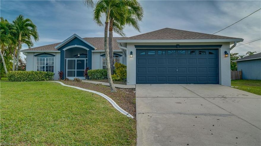 This immaculate 4bed-2bath-2car garage home in SW Cape Coral offers spacious living in a well-maintained home. Nestled in a prime location, it's surrounded by excellent schools, making it an ideal choice for families. This home has over 1800SF of living space, with a perfect blend of functionality and style. The master bedroom has an in-suite with a dual sink vanity and separate tub/shower. The other 3 bedrooms are located in the other side of the house for privacy. Your screen-in porch and lanai are the place to relax at the end of your day. Large back patio with beautiful landscaping for the family and pets to enjoy. Enjoying Cape Coral from this home is so easy! You are 10 minutes from Cape Harbor where you can enjoy nice restaurants, 15 miles from Four Mile Cove Ecological Park where you can go kayaking and enjoy the nature trails. Also not even 10 miles from Matlacha and don't forget you are 30 minutes from Sanibel, Captiva and Fort Myers Beach. New granite counter tops, new kitchen cabinets and new bathroom counter tops updated in 2018. Roof was replaced in 2022 , new water heater in 2022, home was painted inside and outside in 2023. Air handler inside and out replaced in 2011. There are hurricane shutters (aluminum panels) for windows and sliders in the garage. No Flood insurance needed for this property. A full year Shiel Plus warranty with American Home Shield is given to buyer with a full price offer.