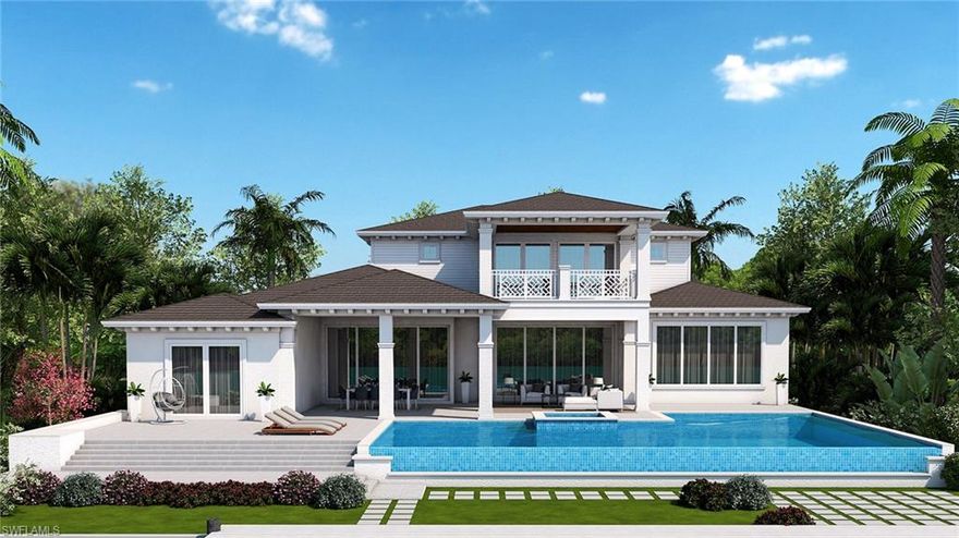 Incomparable Coastal West Indies style retreat on a coveted sunset western exposure waterway is coming to Aqualane Shores in Spring 2020. 1990 6th St S sits on a rare 'finger' street with excellent aqua vistas and developed by one of Naples' finest in Michael Mullen. This uncompromising estate is slated to begin construction in April 2019 with opportunities to customize finishes to your specific tastes. This meticulously designed home will boast state of the art finishes framed by an open floor plan and lead to the phenomenal outdoor resort-style amenities, including infinity edge pool and spa  just beyond for the boating enthusiast to quickly access Naples Bay. 4977 under air square feet includes five bedrooms and den, 7 bathrooms and will be graced by Legno Bastone hardwood floors, custom Ruffino millwork, Wolf and Sub Zero and more to promise a truly authentic, rare and phenomenal hand crafted generational estate in Aqualane Shores.