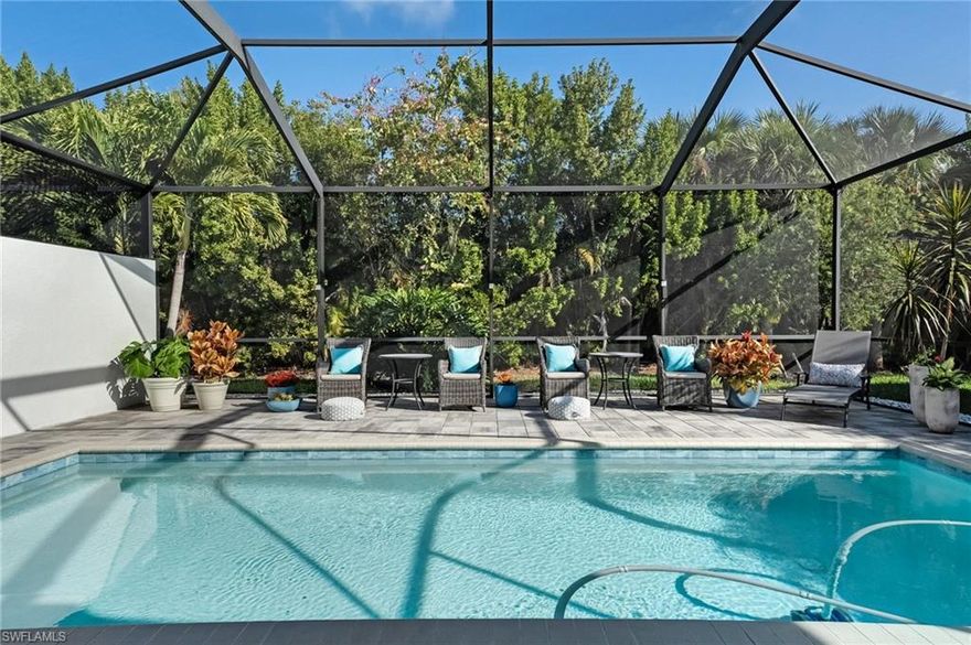 Located in the desirable Riverside Avenue Villas and just minutes from shopping, dining, and the beautiful Gulf beaches, this impeccably maintained 3 bedroom 2 full bath pool residence offers the perfect blend of comfort, style, and thoughtful upgrades.

Step inside to discover a beautifully appointed chef’s kitchen featuring quartz countertops, classic subway tile backsplash, under-cabinet lighting, and 42-inch white shaker-style cabinetry, complemented by premium Bosch appliances. Tile flooring flows seamlessly throughout the home, enhancing both durability and elegance. The open and inviting layout is accented by 8-foot doors, plantation shutters, and dimmer switches throughout, allowing you to create the perfect ambiance in every space.

Both bedrooms serve as private ensuites, offering comfort and privacy for residents and guests alike. The spacious primary suite features direct access to the lanai and a beautifully designed bath with dual quartz vanities, custom lighting, a walk-in shower, and a private water closet. The second bedroom also enjoys its own ensuite bath, complete with a walk-in shower featuring floor-to-ceiling subway tile and a seamless glass enclosure. A versatile den tucked at the front of the villa provides the perfect space for a home office, reading room, or additional guest area.

Outdoor living is equally impressive. The saltwater pool creates a private retreat, while the expanded pool deck offers plenty of room for entertaining and relaxing. The pavers have been meticulously maintained and sealed annually since ownership. The driveway has also been widened by two feet for added convenience.

Additional highlights include all impact windows and doors, custom closets by Closet Concepts, an expanded pool deck, and a spacious laundry room with storage and sink. The garage features extra storage and a durable epoxy-finished floor.
This exceptional villa offers a rare opportunity to enjoy low-maintenance living with upscale finishes in an unbeatable location. Don't miss the fabulous walk through video!