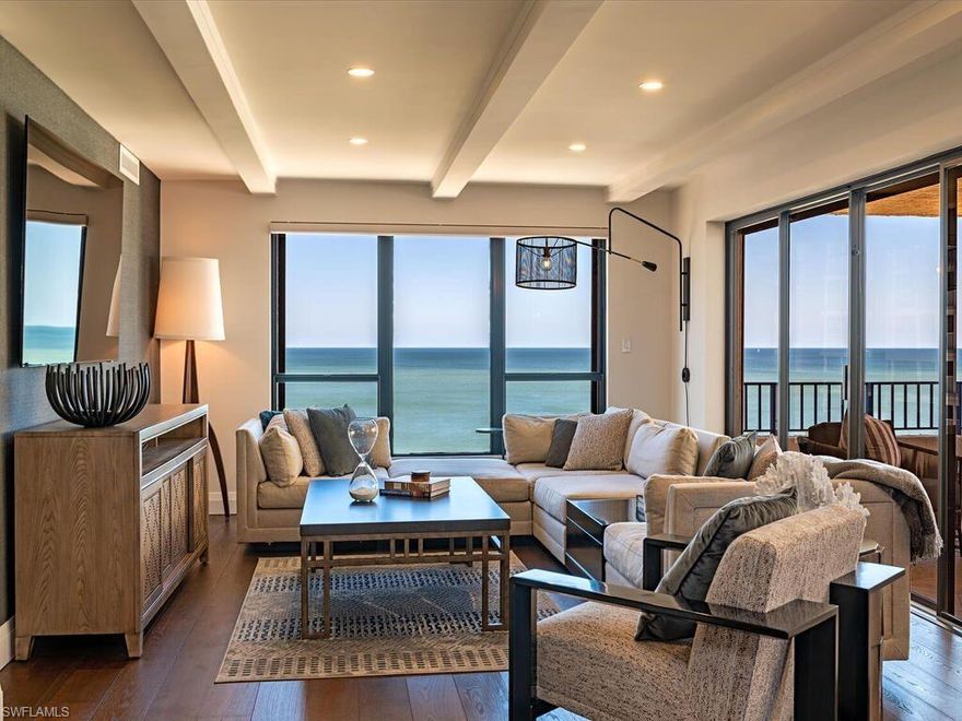 Transitional yet nautical, this gorgeously remodeled three-bedroom beachfront oasis offers incredible, direct gulf views as so much more. The spacious kitchen offers plenty of cabinets, creamy Quartzite countertops and stylish custom cabinets with waterfall bar edge. Spacious family room with wet bar and dining area all with views of the tranquil gulf waters. Watch mesmerizing sunsets and relax to the sounds of the surf on the open-air lanai or retreat to the sophisticated primary suite connected to a stunning tile wall detailed bath with soaking tub, showing and dual sinks. Solamar is located in the heart of Park Shore with access to the Park Shore beach walkway and short walk from Venetian Village with shopping and dining galore. Residents will appreciate the one assigned garage space and private storage conveniently located to the elevator. Furnishings negotiable so bring your toothbrush and move right in!