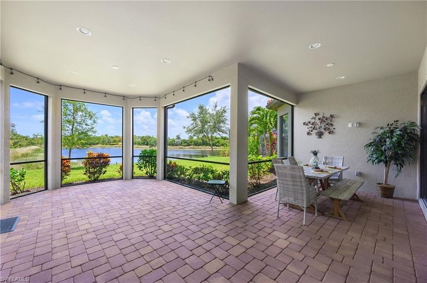 H. 16081 Enjoy the sunrise from this large screened lanai which overlooks the most private lake in this Naples gated community.  This home is a gourmet cooks delight featuring Gas Cooking, stainless appliances, a walk-in pantry, built in microwave and undercabinet lighting. There are 3 separate large granite counters with an abundance of rich wood cabinetry. Large patio doors fill the wall of the Great Room which look out to the lake and tropical foliage.  The lakefront master suite includes expansive windows, tray ceiling, his & hers closets, dual vanities and walk in shower. The den has pocket doors and can be used as a 3rd bedroom.  The 2 car garage was built with an extra 4 feet making it a Great Man Cave! Low HOA fees- lawn, landscaping irrigation, resort style amenities- social room, kitchen, coffee station, billiards, game room, spa, fitness room, classes, resort style pool with cabanas and towel service, lazy river pool, grills, large fire pit, 4 pickleball courts, Tennis,  Bocce Ball, Tot lot and Dog Park, plus oganized Off Premises Golf events. Only 4 miles off I75, quick hop to Olde Naples. its sandy beaches and to US Open Pickleball Academy and World Center.