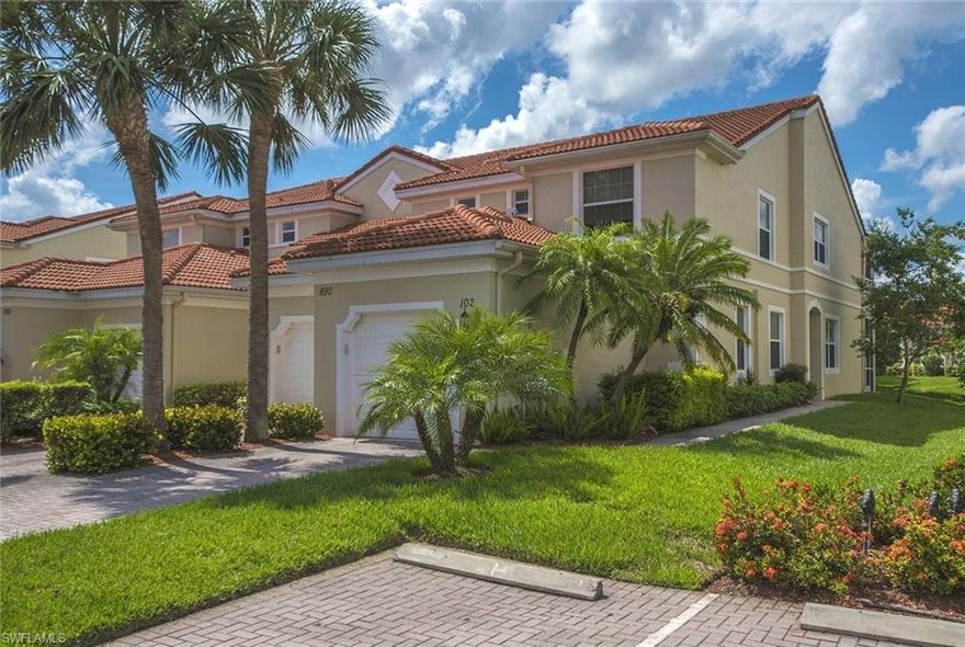 Spacious 3 Bedroom, End unit. Attached Garage. Price allows for updates. Nice Open living floor plan in a Private setting with preferred Southern exposure. Big tiled lanai is open screened on both sides and perfect to enjoy Florida outdoor living and have afternoon drinks and entertain. Large Master suite features his and her walkin closet, dual sinks, shower and soaking tub with separate room water closet. Guest spots are directly next door and enjoy your own extra long brick driveway. And this unit does NOT require you to pay golf fees!  Perfect for Club amenities at low cost. Short stroll to Community pool, Hot tub, Tennis, pickle ball and neighbor gatherings. Social Club Membership to dine, drink at the bar, play cards, billiards, ping pong, use library. Full Fitness Gym, classes included. Play bocci ball. Har-tru lit Tennis courts. Golf May to Nov and long Reciprocal list. Plus location! All conveniences out front & back gates. Only 4mi to Olde Naples, beaches, dining, shops, art, theatre, more! Near I-75.  Includes cable, internet, water.