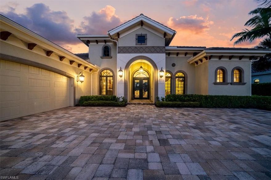 H8413 - HOUSE MEMBERSHIP IS INCLUDED AT THE TIME OF THE SALE. Golf course views overlooking the 12th fairway and glistening lake.  While opening of the glass & metal front doors, you can see the high level of detailing in this home.  Expansive millwork, ceiling detailing & treatments, custom drapery treatments appoint this richly neutral decorated home.  The great room is appointed by a fireplace, large 4 panel fully pocketing sliding door.  A gorgeous chef’s kitchen with oversized island, 2 pantry’s, gas appliances, warming drawer, ample shelving and storage cabinetry.  Dining options include: breakfast nook, island, formal and outside.  Stunning office with built-ins & hardwood floors.  3 private guest suites w/ 3 full baths & neutral decor.  Owner’s suite has a private entrance with 3 closets, sitting area, French doors to covered lanai & gorgeous en-suite bath.  Marble flooring, mosaic glass accent wall by free standing tub, large shower with bench & rain shower features.  Outside enjoy the spectacular covered lanai, pool and spa.  Entertain your guests with large built out summer kitchen with ample bar seating.  Panoramic screen panels open the expansive views as well.