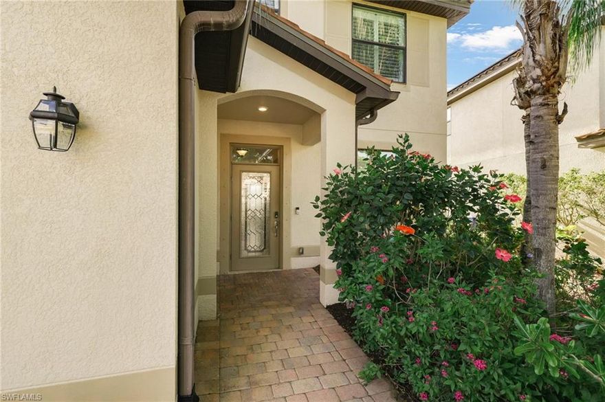 Experience Florida living in this beautifully designed two-story home offering 4 bedrooms, 3 full baths, and 2,606 square feet of thoughtfully crafted living space. The open-concept design is filled with natural light, creating an inviting and functional living environment. The main living areas are enhanced by ceramic tile flooring, combining style and durability, while the kitchen features a spacious island with granite countertops, tiled backsplash, and stainless steel appliances —perfect for gathering with family and guests.  A versatile first-floor flex space provides the option for a home office, den, or formal dining area, while a guest bedroom with an adjacent full bath offers comfort and privacy for visitors. Upstairs, a generously sized family room creates an additional living space for relaxation or entertainment. The second level is complemented by newly installed carpet and plantation shutters throughout, adding both comfort and sophistication. The expansive primary suite serves as a private retreat, complete with northwest-facing views, a large walk-in closet, and an en-suite bath featuring dual vanities, a walk-in shower, and a soaking tub. Two additional bedrooms, each with walk-in closets, and a full bath complete the upper level. Step outside to the screened 216-square-foot lanai, where peaceful northwest exposure with lake views provides the perfect backdrop for enjoying morning coffee or relaxing evening sunsets. The backyard offers ample space to design a custom outdoor oasis tailored to your lifestyle.

Residents of this gated community enjoy access to an array of amenities, including a clubhouse, community room, resort-style pool and spa, fitness center, pickleball, tennis and basketball courts, bike and jogging path, library, and a community park—delivering a true resort-inspired lifestyle. Sidewalks and underground utilities enhance the community’s polished aesthetic and welcoming atmosphere. Ideally located near shopping, dining, entertainment, beaches, Southwest Florida International Airport (RSW), and Six Mile Cypress Slough Preserve, a 3,400-acre wetland ecosystem with a boardwalk trails. This home also benefits from low HOA fees, enhancing its overall value. A perfect opportunity to enjoy comfort, convenience, and the best of Southwest Florida living.