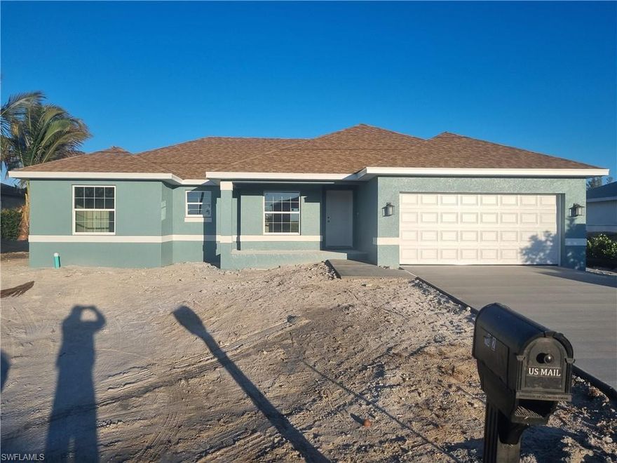 Newly constructed - Modern Living in NE Cape Coral - City water

Discover the perfect blend of style and functionality in this beautiful, newly constructed 3-bedroom, 2-bathroom home located in the highly sought-after NE Cape Coral area. Designed with modern living in mind, this residence offers a seamless flow and high-quality finishes throughout.

Interior Highlights:
Open Living Concept: The main living areas feature durable, easy-to-maintain tile flooring, providing a sleek look and a cool atmosphere.

Cozy Bedrooms: Retreat to spacious bedrooms finished with plush new carpeting for ultimate comfort.

Elegant Kitchen & Baths: Both the kitchen and bathrooms are outfitted with gorgeous granite countertops, offering a sophisticated touch to your daily routine.

Indoor-Outdoor Flow: Elegant French doors lead you from the living space directly to your private lanai, perfect for morning coffee or evening relaxation.

Exterior & Mechanicals:
Lush Curb Appeal: Enjoy a fresh "new grass" landscaping package, kept vibrant year-round by a digital sprinkler system.

Utilities: Peace of mind comes standard with city water already in place.

This home represents a fantastic opportunity to own new construction in a quiet, growing neighborhood. Experience the Florida lifestyle at its finest!