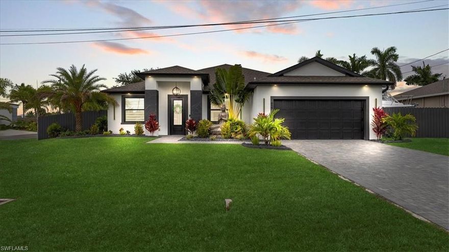 Step into your own private, turn-key oasis in highly desirable SW Cape Coral. This 2023-built 4-bedroom + den, 3-bath home sits on a prime corner lot with dead-end streets on both sides and a peaceful trail directly behind the property, offering unmatched privacy and serenity. Modern black and warm wood finishes create a bold yet inviting atmosphere throughout, while the den has been converted into a luxurious primary walk-in closet, opening the owner’s suite wing side to side for a spacious, boutique-style retreat rarely found in the market.

The heart of the home flows seamlessly into a resort-inspired outdoor sanctuary. Completed in May 2025, the Oasis Black Pool with screened enclosure and heated 10x4 jacuzzi is perfect for relaxing or entertaining. The backyard includes outdoor title all-around pool, outdoor kitchen, pergola, and dramatic Buddha statues, creating a tranquil, spa-like retreat. Professionally landscaped, fully fenced, and screened, the yard also boasts mature fruit trees including avocado, guava, and mango, adding both beauty and productivity.

Additional highlights include impact windows, a whole-house water softener on city water, a storage shed, fully paved exterior sides, no HOA, and Flood Zone X—no flood insurance required. Built in 2023 with a new roof and A/C, this home provides peace of mind, modern construction, and low insurance costs. Property may be sold furnished or unfurnished—negotiable.

Perfectly positioned minutes from shopping, dining, and Gulf beaches, this home offers resort-style living without leaving home. Whether you’re entertaining, enjoying quiet family time, or seeking a turnkey investment, this property delivers style, privacy, and luxury in one of Cape Coral’s most coveted neighborhoods.