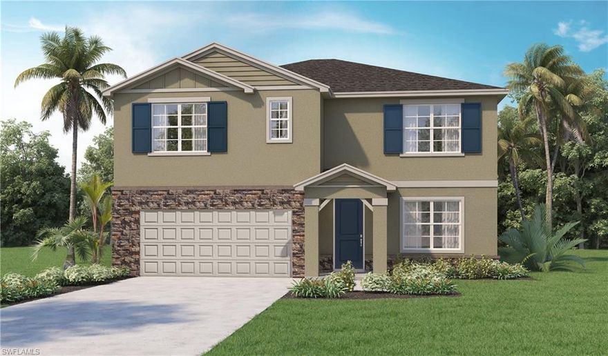 Welcome to the stunning 2-Story Hayden Floorplan, which boasts five bedrooms, a versatile first-floor flex room, a central loft on the second floor, three full bathrooms, and a two-car garage. The expansive primary suite features two walk-in closets, double sink vanity and a separate water closet.  With over 2,600 square feet of living space, the open-concept design on the first floor is ideal for both entertaining guests and daily living.  The large yard affords ample room for a future pool, while impact windows provide safety without compromising elegance. Premium features such as high-end cabinetry, stainless steel appliances, and quartz countertops enhance the luxurious atmosphere throughout the home. Located in the Palmetto Landing Community, residents can enjoy a range of amenities, including a welcoming clubhouse, a resort-style beach entry pool with lap lanes, a splash pad, a game room equipped with pool and card tables, and a fitness center, all contributing to a lifestyle of leisure and entertainment. With convenient access to shopping, dining, and the vibrant Babcock Ranch lifestyle, this residence truly embodies the essence of modern living in a prime location.