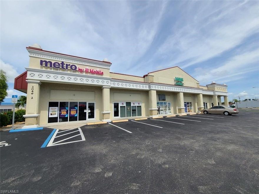 GREAT LOCATION!!!  Approximately 1000 square feet END UNIT.  Just South of Mid Point Bridge on Del Prado and North of Cape Coral Bridge.  Base Rent plus flat fee CAM.  Water included up to certain amount.  Owner looking for a 3 plus year lease.  Currently mostly open area with kitchen and bathroom. Currently a mobile phone carrier in there.  SIGNAGE available on unit face and street sign for FREE.