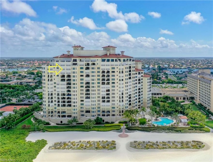 The epitome of sophisticated coastal living! Mesmerizing views of  Marco Island's famous Crescent Beach, Gulf of Mexico & sunsets. After a day full of activities, watching the children build sandcastles, seeing dolphin pop out of the water, taking a dip in the pool, strolling the beach or out on the links, return & relax on the expansive Gulf terrace for cocktails, dinner &  sunsets. One of only 4 estate residences in the building. Stunning interior design abounds in this spacious 4 bedroom 4.5 bath, plus den luxury residence.  No detail overlooked in the recent renovation. Gorgeous marble & wood floors, quality coastal furnishings & artwork, ambient lighting, subtle seaside color palette, Cristallo quartzite kitchen counters, Sub Zero, Asko & Dacor appliances, Sonos sound system & more. The primary suite affords a tranquil private retreat. 3 additional guest suites plus den/5th sleeping area provide ample space for family or friends.   The epicurean kitchen opens to the living areas & will delight the family chef.  Adjacent family room for casual gatherings. Fabulous resort style amenities. Buyer will have added benefit  of immediate membership to  Members Club at Marco if desired