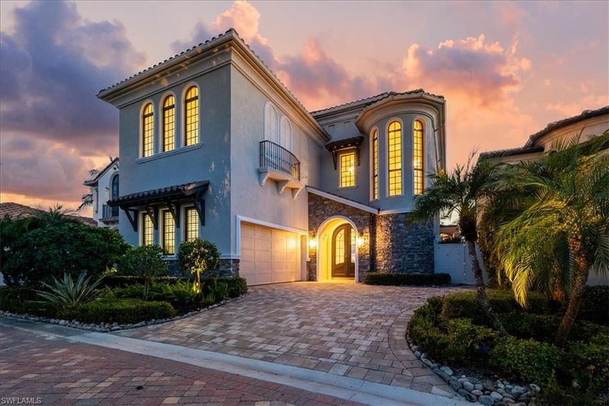 Spectacular lake views! Two story contemporary home situated on a wide stretch of private, white sandy beach in the exclusive Costa Amalfi community at Miromar Lakes. Flowing transitions between luxurious interior rooms that open up to outdoor living areas are the hallmark of the beachfront lifestyle here. Just under 4400 sq. feet of living space this 4-bedroom home plus a den has 4 full en-suite baths and one ½ bath. Enter the home through a gracious foyer with a winding stairway and private elevator to the second floor. The open concept first level was thoughtfully designed and great for entertaining. A grand gourmet kitchen with an island flows to a spacious living area. Entertain poolside on the fully equipped waterfront lanai conveniently outfitted with a kitchen, pool, spa, and fire pit feature. Five-star resort amenities at Miromar and breathtaking sunsets included.