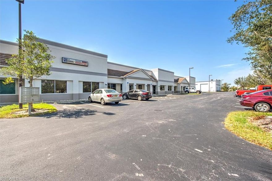 Rarely available is this industrial flex space at The Annex at Sunset Plaza. This complex consists of (4) four buildings, composed of individual flex space industrial condo units. Located off Summerlin & Pine Ridge Roads in south Fort Myers, also conveniently close to Fort Myers Beach and Sanibel Island bridges. The entire complex is fenced in with an electronic keypad entrance. The gates are closed for security after normal business hours. Unit features a huge 10'X12" overhead rear door, private bathroom with tile floor, drinking fountains, air-conditioned and heat, and a total of 1325 sq ft of flex space. Front of the unit could easily be partitioned into offices. A large, paved courtyard is in the center of the complex providing ample space for trucks and semis to maneuver in and out of the complex. This unit is available for immediate ownership.