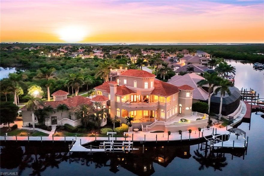 The Ultimate Cape Harbour Estate for Boating, Yachting, RV, and Car Enthusiasts. Located behind Gate 3 in the prestigious Estates of Harbour Preserve, this luxury waterfront property offers 300 feet of deepwater frontage, 150 feet of yacht slip space with dockside full bathroom and accommodations, and two high-capacity boat lifts (36,000 lbs and 15,000 lbs). Enjoy fast, unrestricted Gulf access to Boca Grande, Captiva, Useppa, and world-famous beaches. Take the Okeechobee Waterway to Florida’s East Coast, the Bahamas, and beyond. This estate also features a rare 42-foot AC RV garage for a motorcoach, multiple cars, or collectible vehicles. Garage space to accommodate up to 8 cars with lift systems. Built like a bunker! This 3-story home was built by bespoke luxury home builder PGI Homes, constructed to commercial standards with concrete floors and walls, impact-rated doors and windows, a whole-home fire suppression system, and a full 3-floor elevator. The open floor plan showcases soaring ceilings (up to 2 and 3 stories high), custom hardwood, imported Travertine floors from Turkey, new carpet, new paint, mosaic ceiling accents, custom lighting & chandelier, and a handcrafted spiral staircase w/ gold leaf detailing. A gourmet kitchen with Viking gas range, custom wood cabinetry, a butler pantry, and a wet bar flows into spacious living & dining areas. Wow your guests with a formal dining room with a dramatic 3-story ceiling and 3-tier chandelier, a private wine cellar, multiple elegant living spaces, and expansive waterfront balconies and breathtaking views. 1st-floor master bedroom with stunning coffered ceiling, seating area overlooking the water, and private entrance to the yacht slip/dock. The master bathroom offers a resort-spa experience, dual vanities, a massive walk-in shower with a hidden private 6-person Jacuzzi, soaring 2-story ceilings, and a TV. Expansive walk-in closet includes hidden safes along with built-ins ideal to showcase fine clothing, shoes, and handbags. Outdoor kitchen, heated salt-water pool and spa, and intersecting canal & basin views. Several en-suite guest bedrooms and balconies upstairs, along with a rare 3rd-floor bedroom with views of the preserve, river, and even Sanibel in the distance. Used as a grand private office, but can be a bedroom. 4th floor rooftop terrace with the most breathtaking views of the city, river, and barrier islands! Imagine sipping a cocktail from one of the highest residential decks in the city, watching the skyline light up with fireworks on New Year’s Eve. The 2-story guest house has a full kitchen, a living room, a bedroom, two full baths, and a private balcony. Perfect for guests, caretaker, mother-in-law suite, or extended family. A true boating crossroads positioned for adventures to the Florida Keys, Gulf Coast, and beyond. SELLER FINANCING AVAILABLE! Waterfront dining includes Rumrunners, Fathoms Waterside, Oyster Bar, and The French Press—all offering water views and live music.