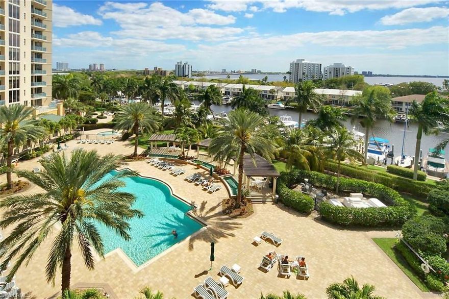 Enjoy unparalleled pool, marina, river and downtown skyline views from this 6th floor spacious Libra floorplan with floor to ceiling windows, granite counters, and 42" wood cabinets. Diagonal tiles main living areas. Impeccable condition from owners who care. Live at North Star and enjoy a 15,000 sq.ft clubhouse with business center, meeting rooms, theatre, aerobics and fitness center, steam & locker rooms, Olympic size heated pool and spa spread out on 12.5 waterfront acres. Marina with slips available for lease. Walk down the marina to four waterfront restaurants. A free trolley ride away to the restaurants, shops and galleries of downtown Fort Myers newly revitalized River District.