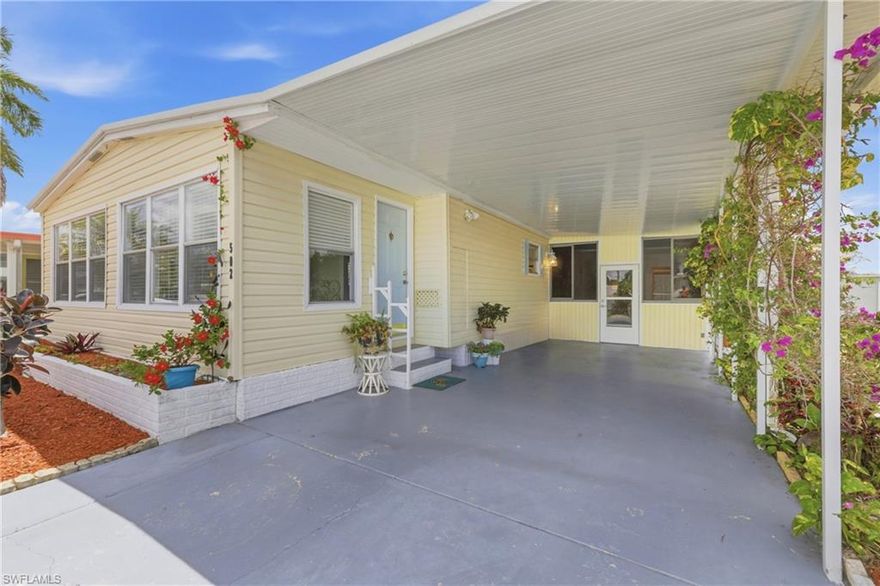 PRETTY,  LIGHT AND BRIGHT, TWO-BED, TWO-BATH HOME ON THE MARKET IN 55+ FOREST PARK WHERE YOU OWN THE LAND AND PAY A LOW HOA OF ONLY $122/MONTH. Home has many desirable features including a sun room across the front, a spacious side lanai, and a tiled laundry room and spa area. You'll also find an attached storage shed behind the home to keep your tools and garden equipment. You'll love the white custom crown and baseboard molding that compliments the stunning Florida colors throughout. The white six-panel interior doors are an additional plus. The primary bedroom ensuite has a huge walk-in closet, dressing area, linen closet and new shower. Beautiful cabinetry in the kitchen and dining area along with two pantries, and a utility closet, providing an amazing amount of storage space. A roof over was installed over the home, lanai, spa room, and carport in 2021. Property is nicely situated in the park--just a quick walk around the corner to the clubhouse and swimming pool. Forest Park is a great place to live with friendly neighbors, parties, dances, pickleball, shuffleboard, swimming pool, sauna, and other amenities. You'll enjoy the location as well--close to major roadways and just a quick trip across the bridge to exciting downtown Fort Myers. Call today!