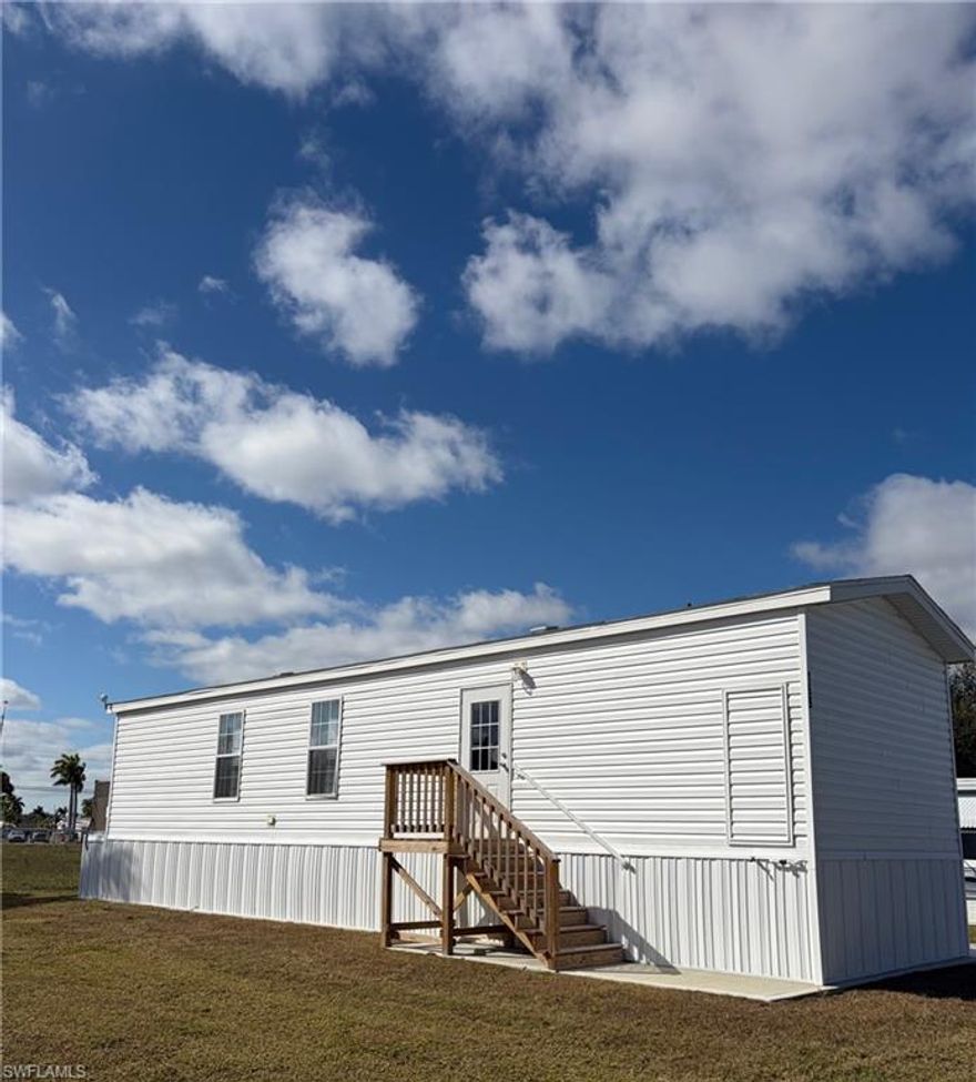 CHARMING BRAND NEW 2-BED, 1-BATH HOME IN DESIRABLE THUNDERBIRD COMMUNITY. Enjoy a bright, open layout in this 2025 model with vinyl flooring, an eat-in kitchen with breakfast bar, and central A/C for year-round comfort. Bedrooms are at opposite ends of the house for privacy. Features a paved driveway and elevated manufactured home. 55+ Community amenities include a pool, clubhouse, and shuffleboard for an active lifestyle. Furnishings negotiable. Conveniently located 2.5 miles from famous Fort Myers Beach, near shopping, dining, and major roadways—perfect as a full-time residence or seasonal retreat. Thunderbird offers one of the best and most affordable locations in Lee County, just minutes from beaches and parks. This well-managed HOA provides excellent value, making it one of the most budget-friendly communities in the area.