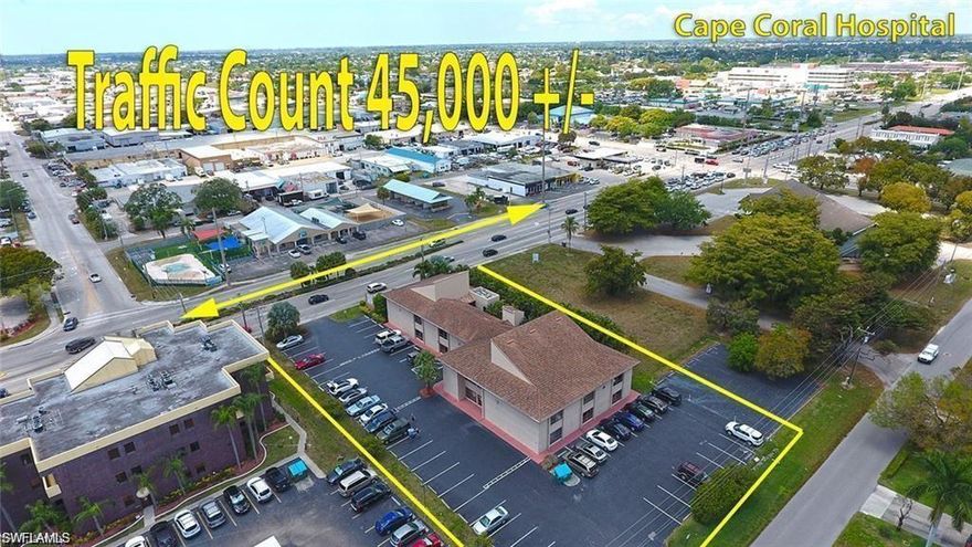 BEST PRICE OFFICE IN LEE OR COLLIER COUNTY, GROUND FLOOR OFFICE WITH PRIME WINDOWS AS YOU FIRST WALK UP TO THE BUILDING FOR ADVERTISING. Looking for the Commercial space in Lee or Collier County for your office. Well, here it is. Perfect place for your business, this ground floor unit is right off of Del Prado Blvd near the hospital., Plenty of parking and you have a reception room, a waiting room, 1 Bathroom, 4 offices, 2 supply rooms and kitchen. Two of the offices are already plumbed for water in the center of the rooms, so Dentists you are all set. Right now, they are capped off. This is right on Del Prado Blvd S. Over 45000 +/- cars pass by daily. This is a professionals office space, Doctors, Lawyers, Accountants, whatever your business is in LOCATION LOCATION LOCATION.  If you need a satellite office for your clients in Cape Coral or looking to start your business and own your own space without paying a lease, then this is it. It is priced to sell. Do your homework you will not find a lower price in a location on a main road. Monthly Maintenance fee is low.