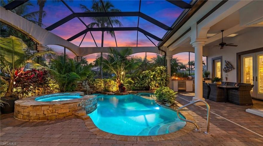 Welcome to an exceptional waterfront retreat offering almost 3,200 sq. ft. inside Miromar Lakes Beach & Golf Club—where luxury living comes with a lakefront soundtrack and sunsets on repeat. Adding to the magic, this home enjoys desirable southern exposure, bathing the interiors and outdoor living spaces in beautiful natural sunlight throughout the day. **Even better, this residence is refreshingly low-maintenance: landscaping and pool service are included, so you can spend more time enjoying the lifestyle and less time managing it.

Recently refreshed with new flooring and a more open layout, this home blends polished elegance with effortless comfort. Inside, you’ll find three en-suite bedrooms, a versatile den, and a convenient half bath. The owner’s suite is a true sanctuary, featuring a generous flex space that easily becomes a cozy sitting area, private office, or your “do-not-disturb” zone. The kitchen is designed to be the heart of the home with abundant prep space, and both a casual dining nook and breakfast bar for easy mornings or relaxed entertaining. Just off the kitchen, a wet bar keeps hosting seamless—whether you’re mixing cocktails inside or serving guests out on the lanai. A dining room sets the stage for elegant dinners and celebrations, while the great room invites you to unwind with captivating views of the outdoor living space.

Step outside to your private oasis: a spectacular lanai with pool and spa, accented by a soothing rock waterfall, plus an outdoor kitchen and dining area for effortless alfresco gatherings. Boating lovers will appreciate the semi-private dock, ideal for sunset lounging and easy access to over 700 acres of freshwater lakes—perfect for cruising, skiing, fishing, paddling, or simply living your best “lake day” life.

**Practical upgrades round it out: a spacious 3-car garage with insulated doors and a new epoxy floor, new exterior paint, a 2023 roof, and a whole-house natural gas generator for added peace of mind.**

And the lifestyle? Signature Miromar Lakes. Enjoy world-class amenities including a full-service spa and fitness center, tennis, pickleball, bocce, a 9-hole putting green, half-court basketball, miles of sandy beaches, multiple indoor/outdoor dining and bar options, a theater, and more. The Miromar Lakes Golf Club offers private membership for championship golf.

Conveniently located near shopping, dining, entertainment, Florida Gulf Coast University, and Southwest Florida International Airport. Meticulously maintained and beautifully updated, this home delivers the ultimate SWFL resort-style experience—every day feels like vacation… without the checkout time.