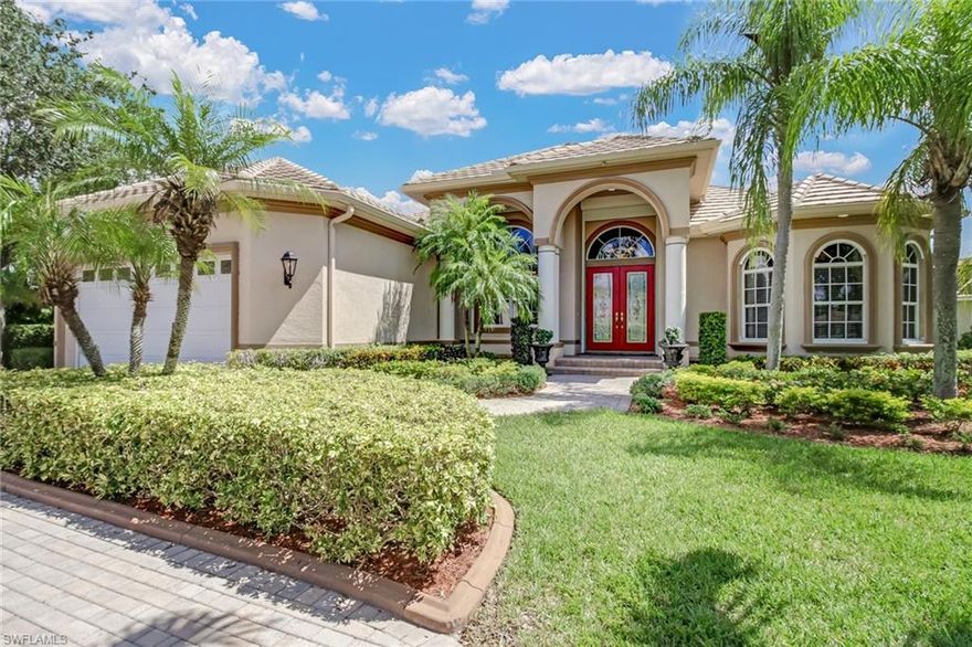 Welcome to The Roma. Your family will enjoy the open feel of this luxurious split 3 bedroom home with custom office/den. Upon entering this home you will pass through an impressive entrance way with double doors. You are then greeted by an elevated foyer, columns, 15 foot ceilings, 8 foot doors and sliders, superior quality windows, and built-in niches. The custom kitchen is open to the living room and features a large pantry and raised bar. This home includes both formal dining room and breakfast nook. The master bedroom features a pan ceiling and an arched entry way with columns which take you through to the adjoining sitting area with french doors to the pool area. The master bath showcases a beautiful garden tub, a walk in shower with double shower heads, his and hers custom built vanities, private water closet, and dual walk-in closets. The guest bath opens to the pool area. Bedrooms 2 and 3 offer large closets and plants shelves. A Full home generator system that will run for 2 weeks.  The luxurious lanai accentuates resort style living, pool with waterfall, and Tiki hut bar. A private covered boat dock-lift complete with sailboat access is less than 20 mins to the river.