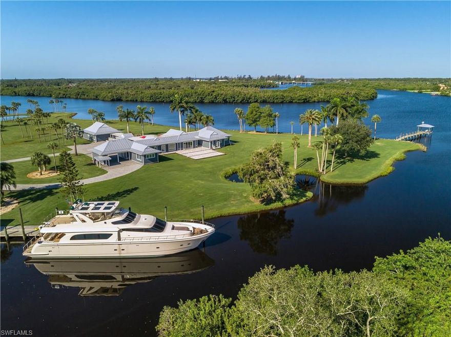 A special opportunity to own one of SWFL's rare offerings. This luxurious property is nestled on approximately 30 acres along the north side of the Caloosahatchee River Intra-Coastal Waterway. This unique location offers access to the Gulf of Mexico (west coast of Florida) and the Atlantic Ocean (east coast of Florida), and the capability of accommodating a yacht over 100'. Once you arrive you are overcome by the luxurious privacy and breath-taking river views anchored by over 4,000 feet of waterfront. Upon entering this impressive residence, a feeling of spaciousness overcomes the senses. The estate offers 7 bedrooms 6 baths, boat house that offers a slip for a larger vessel and a lift for a smaller boat, 90' dock, 3 equipment sheds, generator, zoysia grass meticulous grounds, and caretakers home with 2 bedrooms. The open nature of the design creates an environment perfect for entertaining on a grand scale.