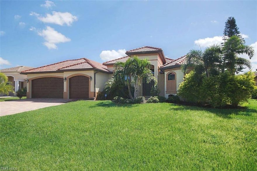 2014 Custom built Gulf Access home on Wide Intersecting Canal. Overlooking the waterfront basin & down a canal rests this custom built Southern Premier Homes. Featuring every upgrade imaginable including Travertine flooring throughout (no carpet), soaring high vaulted ceilings, coffered, & tray ceilings throughout, high impact windows & doors, 90 degree sliding pocket doors to blend the lines of indoors & outdoors, a large panorama-screened-in lanai to maximize the view of the water. Expansive paver lanai expands the length of the home & overlooks the water views. Large over-sized pool & spa are heated & features a saltwater system, all controlled by iaqualink that can be operated from anywhere on your phone! Open concept kitchen with beautiful kitchen, granite counters, backsplash, stainless steel Whirlpool appliances, & entertainment bar with wine fridge. Master bedroom overlooks the water via the sliders, 2 large walk-in closets, master bathroom with dual vanities, tub, & huge walk-in shower. Ideal SW Cape Coral Location, Gulf Access boating, beautiful sunrises with Eastern exposure, 3 car garage, paver driveway, tile roof, & more! Hardly lived, and ready for new owner.