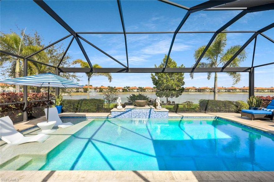 Impeccably maintained and updated with over $100,000 in improvements, this home blends style and functionality. Private pool with waterfall, sun shelf, fire feature, and custom lighting overlooks lake with fountain and sunrise views. Custom wall details enhance the living room, primary suite, and lanai, while quartz countertops elevate the kitchen and baths. Other features include crown molding, millwork, upgraded lighting, plantation shutters, and an open floor plan with a flexible den/office or guest room. The widened driveway with sealed pavers adds curb appeal.
Located in gated Paloma, with low HOA fees, no CDD fees, or lender-required flood insurance. Amenities include a resort-style pool, fitness center, tennis, bocce, shuffleboard, and clubhouse. Pet-friendly with sidewalks throughout.
West of I-75, just minutes to Downtown Bonita Springs, Coconut Point, Promenade at Bonita Bay, and under 15 minutes to Bonita and Barefoot Beaches.