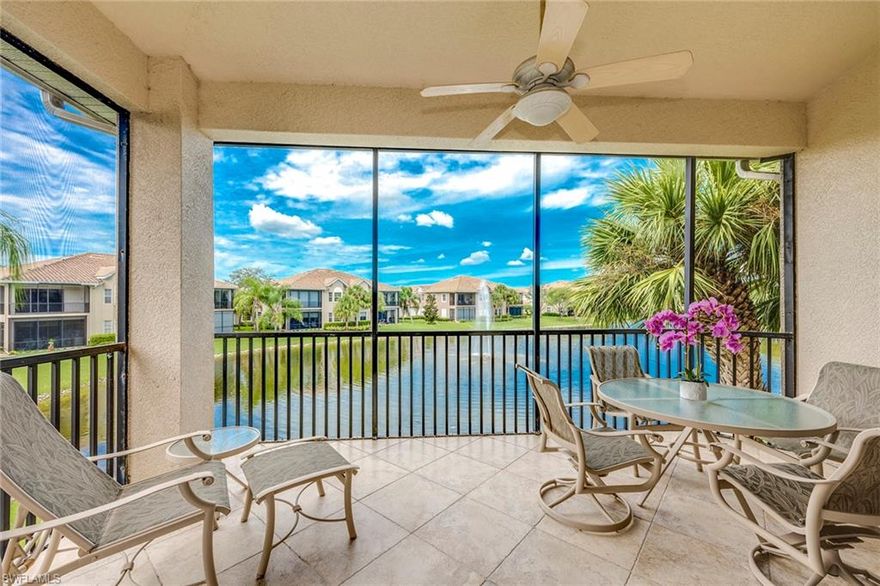 Sparkling water views from your exceptional Kensington Country Club Coach Home. Private elevator transports you to your second-floor residence featuring four bedrooms and three bathrooms. Open floor plan with kitchen opening to the family room and views off the lanai. Residence has a light and bright vibe with light tile flooring, newer appliances, custom cabinetry and plantation shutters. Master suite with custom closets and spa-like bath. Three guest suites with option to use one as an office. Fresh paint, newer appliances, including AC and water heater. New roof in process. Home is conveniently located to the community pool and clubhouse. Easy to call this home.