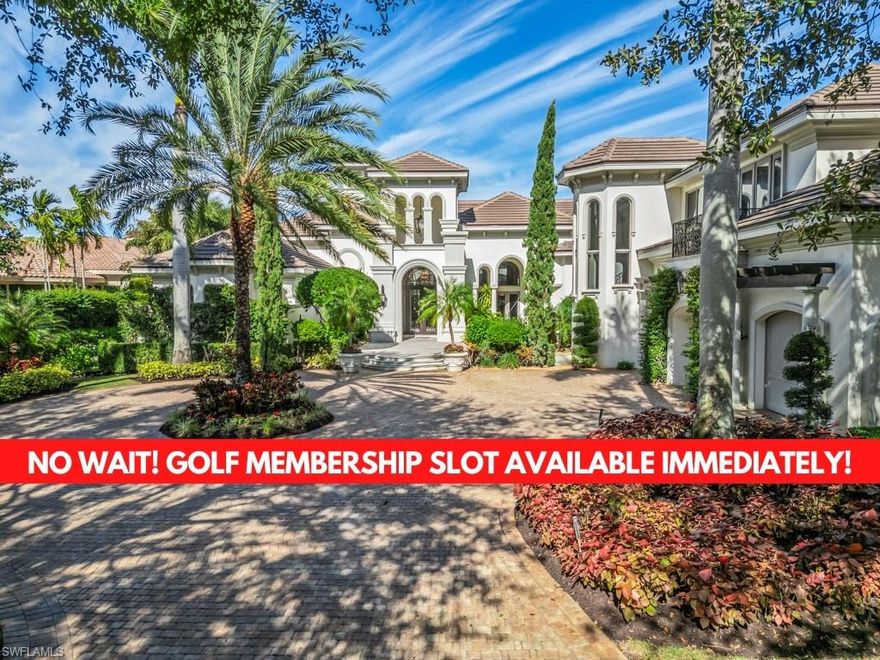 NO WAIT! GOLF MEMBERSHIP SLOT AVAILABLE IMMEDIATELY! NEWLY RENOVATED PRIVATE BEACH CLUB! -Located in the beautiful Mediterra Golf & Country Club, A truly breathtaking two-story grand estate home with five bedrooms plus a den, five full baths & 2 half baths, and exceptional upgrades throughout, including soaring volume ceilings with brilliant, rich wood ceiling beams and Magnificent marble, porcelain & wood flooring. Multiple sunny patio seating areas, a garden fountain, glamorous bay windows in the main living area, french doors, and its own generator are just some of the many astonishing features. The gourmet kitchen showcases top-of-the-line stainless steel appliances, expansive quartz countertops, a large center island, butler's pantry, a 1000-bottle climate-controlled wine cellar & wet bar. The formal living room is adorned with an elaborate gas fireplace. The primary suite includes a seating area, bar, private access to the outdoor living area, his & hers walk-in closets with extensive built-ins, and a convenient washer & dryer. The primary bath features dual vanities, a large footed tub & separate walk-in shower. The sizeable covered outdoor living space with kitchen & fireplace is completed by a heated pool & spa that overlooks the 5th fairway. The Mediterra Beach Club offers an escape to a 10,000 sq. ft two-story private oceanfront paradise on the Gulf of Mexico. Featuring a restaurant & bar that serves members via indoor & outdoor dining, this private facility boasts a heated swimming pool, a sundeck, and cabana beach service for chairs, umbrellas & refreshments.