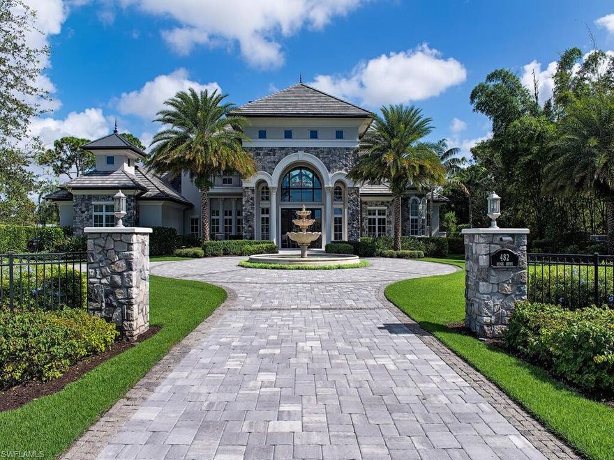 H106 - Situated on over an acre of manicured grounds, in the center of the prestigious Pine Ridge neighborhood is a unique and inspiring residence, known as Chateau Monet. Reminiscent of a traditional French countryside chateau, blended with all of the modern, state-of-the-art conveniences and exquisite decor. Created to enjoy the fruits of life, the floor plan provides open sightlines to multiple entertaining areas of the home, with soaring 35' ceilings. The great room is made for large gatherings & opens to the inviting lanai, pool and spa, with water features & firepots. Summer kitchen, fireplace, grill and built-in pizza oven. Lg. backyard has a putting green & a fire pit. Gourmet kitchen with an amazing barreled, rustic brick ceiling adds to the Olde World ambiance. Breakfast area & formal dining room w/double sided fireplace. 1st floor master suite is a romantic oasis w/sitting area, fireplace, crystal chandeliers & morning kitchen. World-class design details carry on into the sumptuous en-suite bath with oversized jetted bathtub. A sauna, workout room and four-car collector’s garage round out the tour of this exceptionally well-built and thoughtfully designed home.