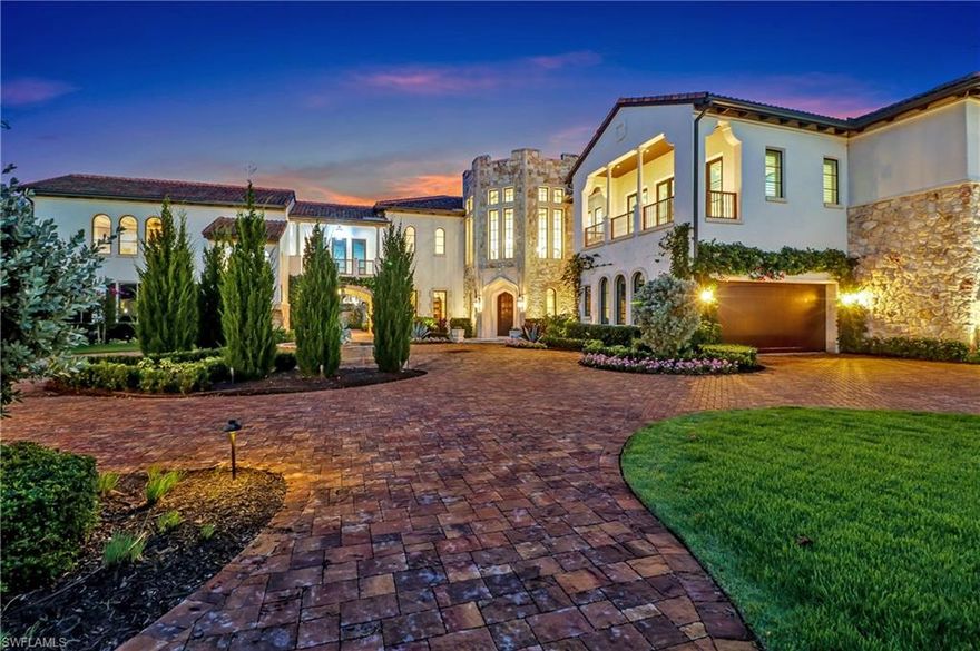 Luxury and charm are combined with world-class craftsmanship to deliver this stunning showcase estate home. Referred to as the crown jewel of Naples, this palatial masterpiece has never been occupied and is available for immediate enjoyment. Upon entering through the solid mahogany door you are greeted with an incredible foyer wrapped in a spiral staircase, exotic marbles, and incredible views sweeping over the signature 18th green of Talis Park's world renowned golf course. Passing through the foyer, become immersed in a spacious great room outfitted with solid wood beams, Syrian stones, and an elevated ceiling conjoining to an unparalleled hand-crafted kitchen equipped with Wolfe appliances, custom paneled hardware, marble countertops and a beautiful custom stone ceiling feature. Conveniently located off the kitchen is an expansive outdoor living area featuring a kitchen/bar, lighted gazebo and an unrivaled resort style pool with an elevated hot tub offering picture-perfect golf course and lake views. This magnificent residence is situated on a 1.4 acre coveted parcel in the gated Firenze neighborhood; an exclusive gated enclave in the highly acclaimed community of Talis Park.