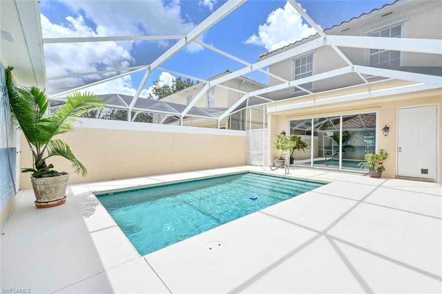 The only townhome currently on the market in Island Walk...fabulous three-bedroom, two-and-a-half-bath with PRIVATE POOL and SOUTHERN EXPOSURE. This light and bright Aruba townhome offers a new roof (2020) new AC system (2020) new pool pump (2020). The main level offers an open floor plan kitchen and living area leading to the lanai and pool, full size laundry room with newer washer & dryer and powder room. Upper level offers three bedrooms with two full baths. The two-car detached garage, storm protection and solid poured concrete construction are a few mentionable features. Island Walk resort style community offers a resort pool, restaurant, newly renovated fitness center and lap pool, gas station, car wash, Har-Tru tennis courts, fishing and more. Enjoy miles of walking paths and bridges surrounding wide-open lake views in this pet-friendly community. Island Walk is centrally located in North Naples A+ school district, a 10-minute drive to Naples beaches, restaurants and shopping.