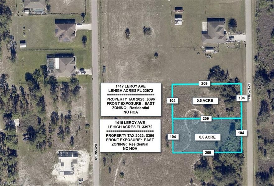 Potential 1 ACRE of vacant lot in this fast growing city of Lehigh Acres. 2 HALF lots combine into 1 acre lot, adjacent lot 1415 Leroy Ave is for sale by the same owner, package deal available for $60,000.00. NO HOA, NO CDD, NO Flood, many new development is going up in the area, taxes are low, buy now before price goes higher and build later.