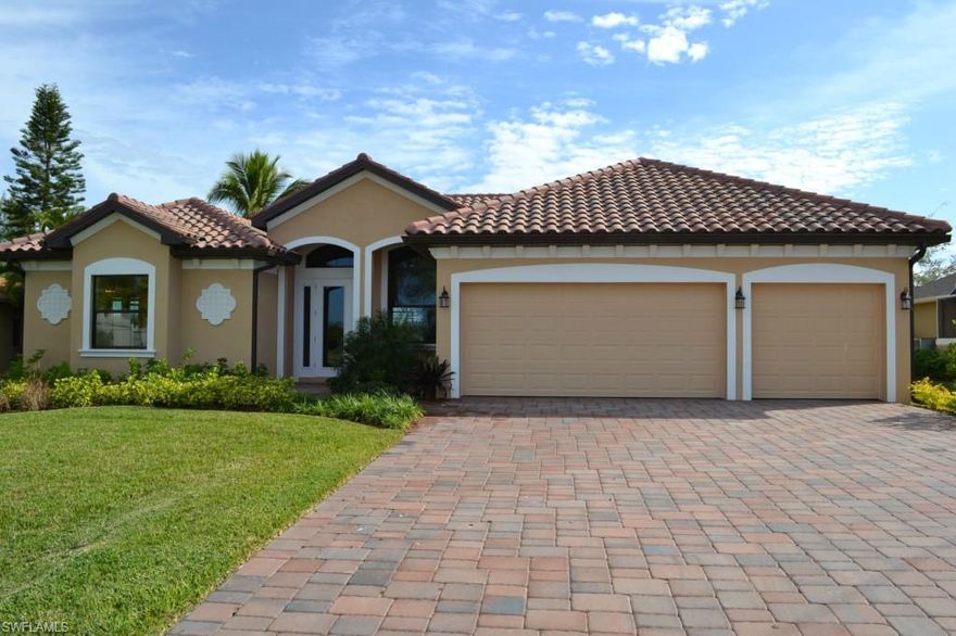 Breath-taking basin views of 3 Intersecting & Gulf Access waterways from this MOVE IN READY & NEW CONSTRUCTION pool home w/ concrete dock! Open & split bedroom floor plan featuring 4 beds, den/office with French doors & hardwood flooring, 3 baths, 3 car garage, 2590 sq ft under air, impact windows & doors throughout, living room w/ tray ceiling & glass sliders to lanai, formal dining area, gourmet island kitchen w/ 2 breakfast bars & built-in desk, breakfast nook, family room w/ tray ceiling & pocket sliders to lanai, tile roof, concrete paver drive, & screened lanai w/ a large pool, paver deck, & summer kitchen including a gas grill, bar sink, & mini fridge. Upgrades galore: 1/2/10 warranty included, granite counters & wood cabinets throughout, stainless steel appliances, tumbled stone back splash in kitchen, 20” porcelain tile flooring in common & wet areas, 2-step crown molding, prewired for security system & cable, tray ceilings, & pristine landscaping w/ auto irrigation. Enjoy a large master suite w/ his & her walk-in closets, duals sinks, private toilet, separate garden tub & tile shower. Conveniently located & close to fine dining & grocery stores.