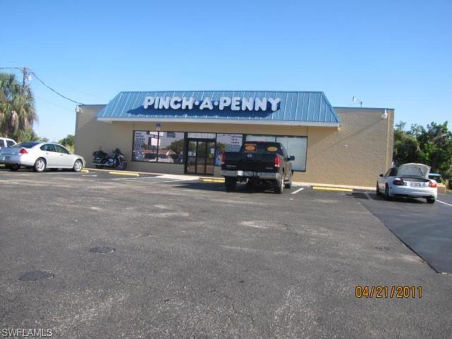 INVESTOR OPPORTUNITY! SECURE LONG TERM FRANCHISE TENANT! Completely remodeled 2640 sq ft building brought up to code in 2010 for the purpose of securing a Pinch a Penny Pool & Spa retail franchise as a tenant.  In October 2023 a new TPO roof completed by Roman Roofing was installed.  Automatic double doors were installed to allow for pallet deliveries to be brought inside the store for unloading under air and out of heat & rain.  10 parking spaces with easy entry/exit.  

Pinch a Penny franchise has been a tenant for 13 years and has a lease until August 31, 2027.  Gross annual income of $51,000. Property owner responsible for property taxes and insurance expenses, which total approximately $6,000 per year.

Pinch a Penny is a well known Florida franchise that is growing nationally. While the current lease is on a gross-basis, the tenant is aware that the negotiated new lease will transition to NNN, allowing for an increase in ROI and profitability

Excellent visibility and accessibility from a main corridor bridging North Fort Myers to Cape Coral.  The high traffic flow in the area offers great exposure for any business operating from this location.