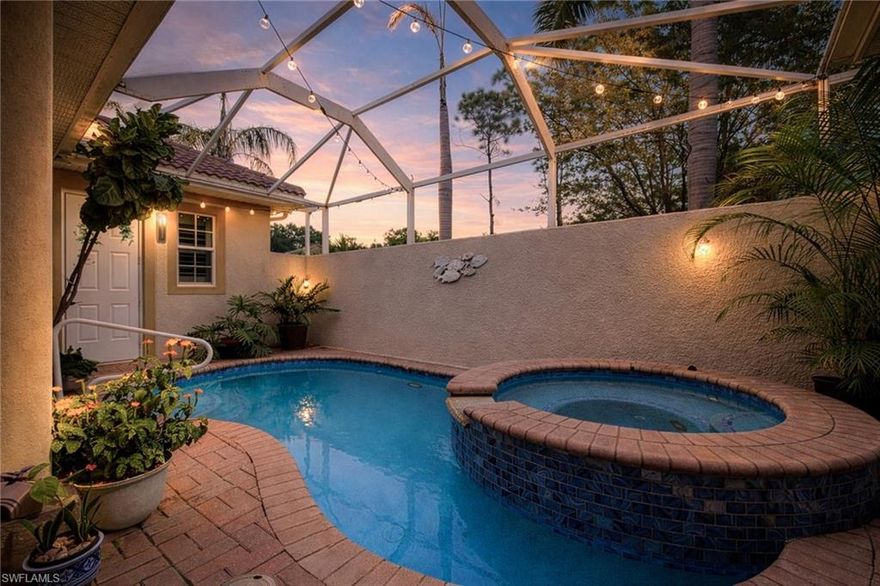 Experience the ultimate Florida lifestyle in this stunning 4-bedroom, 4.5-bathroom courtyard-style home. Designed for those who love to entertain, the heart of this residence is a private, screened-in courtyard featuring a waterfall and a 5-person spa—your own tropical oasis. This spacious end-unit offers over 2,700 sq. ft. of living space with a flexible floor plan, including a private guest cabana perfect for visitors or a home office.Inside, enjoy high-end finishes like granite countertops, a large island kitchen with a walk-in pantry, and a primary suite on the main level featuring tray ceilings and a large walk-in closet. Additional highlights include impact-resistant windows/doors for peace of mind along with a generator and a 2-car garage. Located in a gated community just minutes from Bell Tower Shops, fine dining, and Gulf beaches. Community amenities include a resort-style pool, a second pool, hot tubs, tennis courts, pickle ball courts and 3+ miles of walking trails. Not in a FLOOD ZONE will give you peace of mind and save on insurance!