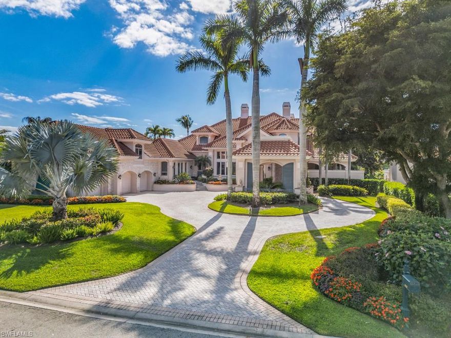 Quality throughout this custom built Harwick home.  Lovely curb appeal w/circular drive into porte cochere entry. Wide golf & lake views as you enter through the front door. Beautiful stairway leads to library/office w/ bar, bath & covered balcony w/spiral stairway to lanai. Gracious living room w/fireplace, molding & ceiling treatments, recessed sliders to lanai/pool area. The dining room connects to wet bar leading into the open gourmet kitchen w/pecky cypress ceiling & beams, sub-zero refrigerator/freezer, refrigerator drawers, Viking range, Thermador double ovens, pantry & more. The family room opens to lanai w/great outdoor dining, cooking/bar, pool, spa & open breathtaking views. Primary suite offers sitting area, sliders to lanai,  built-in closets, oversized bath, dual vanities & walk-in shower. Two ensuite guest rooms on 1st floor.  4th suite is located upstairs & offers a morning kitchen, seating area, full bath & extra storage. 3 car garage, new generator, roof, AC’s, Lite system, hurricane protection. Bonita Bay offers 5 golf courses, resort pool, dining, racquet sports, marina, private beach club, 3 parks, kayaking/ canoeing, miles of bike/walking trails and much more.