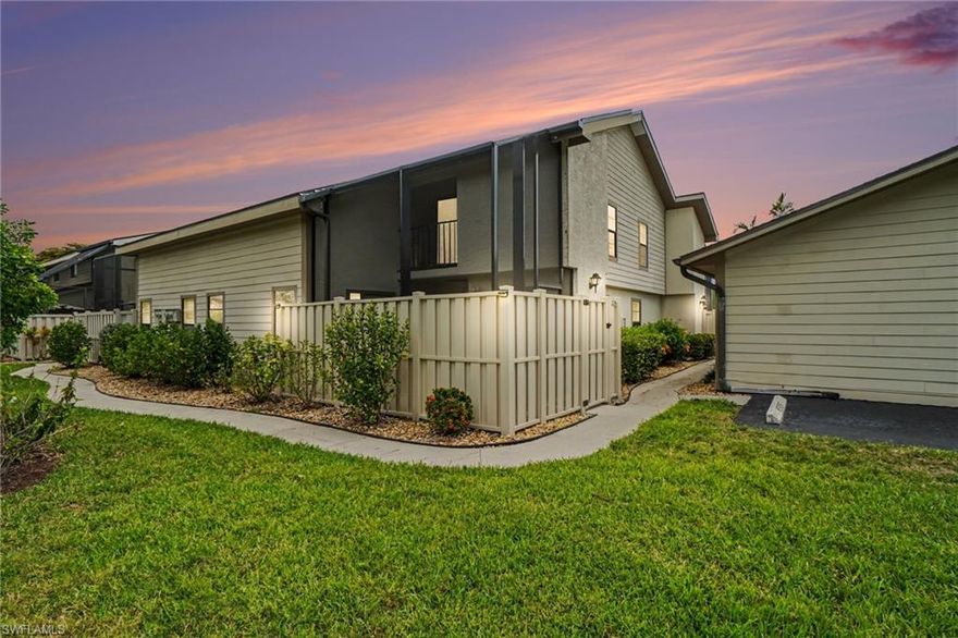 This charming 2/2 with a loft is the perfect spot to soak up the Florida lifestyle! The screened and fenced lanai offers plenty of outdoor enjoyment, offering the privacy of overlooking a landscaped area. Inside, you'll find two bedrooms—one upstairs and one downstairs—making it easy to share or keep for guests. Both bedrooms offer plenty of closet space, with the upstairs featuring a spacious walk-in. The loft space has endless potential, whether as an office, TV room, workout area, or extra sleeping quarters. The kitchen features stainless steel appliances. The laundry area comes with a newer washer and dryer, plus storage space. This home also includes a private, detached garage. Community pool is nearby. 
This tranquil community is in a fantastic South Ft. Myers location with convenient access to beaches, great dining spots, shopping, Florida SouthWestern State College, Lakes Park, and countless activities to enjoy.