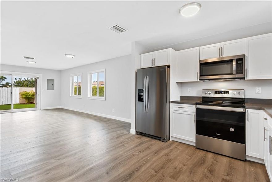 Completely renovated villa w/ great location! Everything except the concrete block is Brand New !! This 2 bedroom/2 full bath home offers a great room layout w/ open concept kitchen, spacious bedrooms, and a rear courtyard. BRAND NEW A/C, and NEW ROOF. Whirlpool stainless steel appliances, new power box, custom trim, impact resistant glass throughout, contemporary light fixtures, Quartz counter-top in kitchen w/ under mounted sink, and AstroTurf on the courtyard, are just some of the features you will find in this home that is PERFECT for seasonal SWFL living. There is plenty of storage w/ large closets in the bedrooms (3x5). linen closet in hallway, and a storage room off of the courtyard (8x5). The Polynesian Villas is non-gated, deeded, provides one assigned parking spot per unit, and offers a large community area w/ a pool. Situate just a few blocks East of S Tamiami Trail/US 41 and only minutes from Imperial River, less than 5 miles from the beach, and has easy access to I-75 via Bonita Beach Rd.