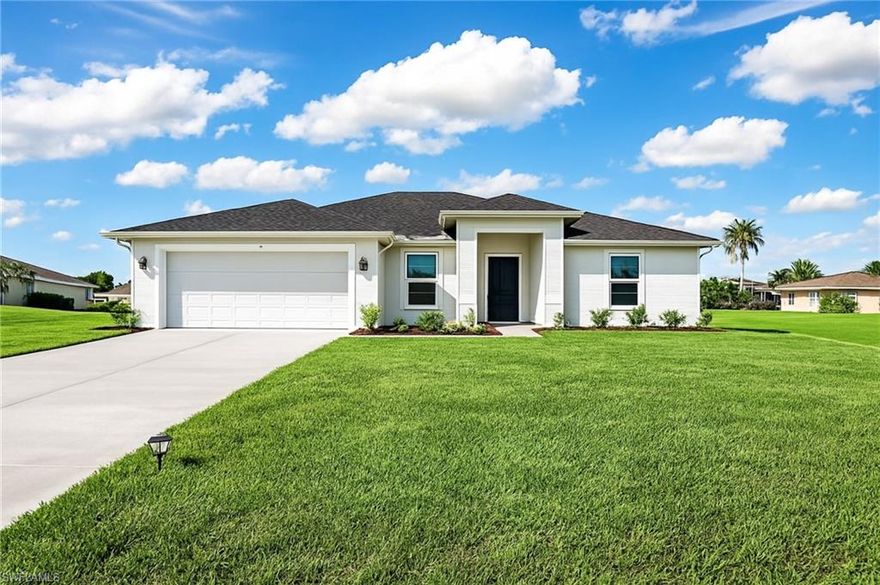 Welcome to your brand-new freshwater canal home in the heart of Cape Coral! From the moment you arrive, the stunning curb appeal sets the tone with modern exterior colors, lush landscaping, and serene canal views that make this home truly stand out.

Step inside to discover luxury vinyl plank flooring throughout, offering the perfect blend of style, durability, and easy maintenance. Vaulted ceilings, expansive windows, and a large sliding glass door fill the home with natural light, creating a bright, open, and inviting atmosphere.

The spacious open-concept kitchen is ideal for both everyday living and entertaining. It features stainless steel appliances, abundant cabinetry, a pantry, and sleek countertops. Gather with family and friends at the breakfast bar while you prepare home-cooked meals and create lasting memories.

Retreat to the private owner’s suite, where getting ready feels effortless with dual sinks, a walk-in shower, and generous walk-in closets. Additional conveniences include a large indoor laundry room with ample storage space—making organization a breeze.

Enjoy Florida living at its best on your screened lanai, perfect for morning coffee, evening sunsets, or entertaining guests while overlooking the peaceful canal. Launch your kayak or paddleboard right from your backyard and explore the scenic freshwater canals at your leisure.

This home also offers storm shutters for added peace of mind and potential insurance savings. Ideally located just minutes from shopping, dining, and everyday conveniences, this property delivers comfort, style, and an unbeatable lifestyle.

Don’t miss your opportunity to own this beautiful new construction waterfront home—schedule your private showing today!