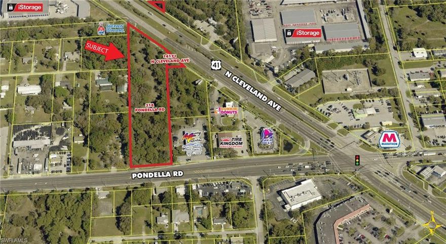 Unique development site offering great visibility and two frontages on US 41/N. Cleveland Avenue (US41) and Pondella Rd. Conceptual plans are available for 20,000 SF retail building with 2,000 SF fast food restaurant or 28,000 SF retail building.
Property has two addresses of 14171 Cleveland Ave and 318 Pondella Rd. The "Intensive Development" Future Land Use allows up to 14 dwelling units/acre.