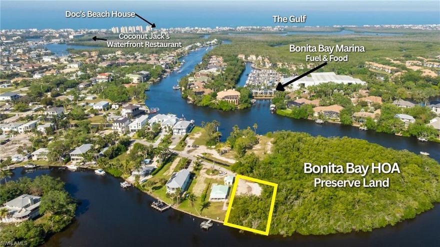 TWO GULF-ACCESS Parcels totaling .36 Acres. TFC2 ZONING ALLOWS DUPLEX OR SINGLE FAMILY. ADJACENT BONITA BAY LAND WILL NEVER BE BUILT ON. OVER 90 FEET OF DEEP RIVER FRONTAGE w/ ONE HIGH BRIDGE TO THE GULF. Dock a 40+ foot boat here, with plenty of room to freely design and build your Dream Home in Bonita Springs. World-class fishing, sandy & secluded beaches and waterfront restaurants are all at your fingertips from this unbeatable location. Gulf Beaches are 15 minutes by boat or 1.9 miles by bike. Downtown Bonita, Mercato, and the coming-soon Midtown Bonita Mall are all within 15 minutes by car. This may be your LAST OPPORTUNITY to build on a Gulf-access lot this large, for this price, and in this coveted neighborhood. THIS IS THE SECOND LARGEST LOT ON THE STREET! The adjacent peninsula is owned by Bonita Bay HOA as "Preserve Land." Bring your own Builder/Architect or use one of ours. Don't wait--this unique opportunity won't last long!