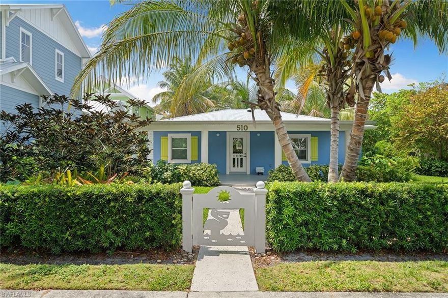 A rare opportunity to own a piece of paradise in the heart of downtown Old Naples. Just steps from the iconic 5th Avenue and a short stroll to the pristine beaches of the Gulf of Mexico, this charming Old Florida cottage is perfectly situated on a .23-acre corner lot with rear alley access. Zoned R3-12, the property offers the unique potential to build two attached dwellings or a single, expansive residence. This delightful two-bedroom, two-bath cottage boasts a quaint front porch, a private rear patio, a separate art studio, and a small storage shed. The existing structure can be extended to create your dream home in one of Naples' most sought-after neighborhoods. Elevated to meet current FEMA standards, this home was unaffected by Hurricane Ian’s rising waters, ensuring peace of mind. Embrace the quintessential Naples lifestyle in this enchanting cottage, where charm and endless possibilities await. Architectural rendition possibilities are available upon request.