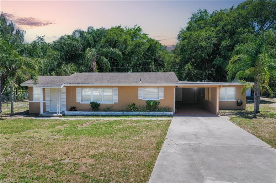 FANTASTIC 2 Bedroom, 1 Bathroom, + a DEN w/ a Carport Home & a 1 Bed/1 Bath attached Guest House on OVER HALF AN ACRE OF LAND located in North Fort Myers. CLICK ON THE VIRTUAL TOUR LINK 1 FOR A 3D INTERACTIVE WALK THROUGH AND VIRTUAL LINK 2 FOR THE VIDEO. This home has been tastefully updated featuring a BRIGHT & AIRY floorplan, ceiling fans, and tile throughout. The SPACIOUS living room has three windows providing lots of natural light and flows seamlessly into the kitchen. The kitchen boasts of plenty of cabinetry, lots of counterspace w/ a cooking island, recessed lighting, and stainless steel appliances. The den has a beautiful Cherrywood ceiling w/ crown molding for added charm and is perfect for relaxing! Both bedrooms are nicely sized w/ closets and nearby to the guest bathroom w/ a WALK-IN TILED shower. An attached guest house has 1 bedroom, 1 bathroom, a kitchenette, and a living area. Step out into the HUGE FENCED-IN backyard to enjoy the beautiful weather or hosting evening BBQ's! The home is on a dead end street providing great privacy w/o a lot of surrounding traffic. TWO exterior sheds are INCLUDED - indoor laundry w/ a washer & dryer - this is a MUST SEE!