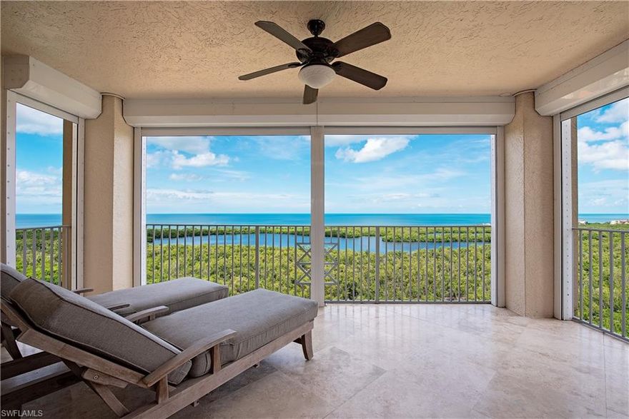 This is the one you have been waiting for with one of the best Gulf views to be found in Pelican Bay. Sensational sunsets and through sunrise views so home is flooded with light and cross ventilation breezes. The original floor plan has been changed to offer a uniquely renovated kitchen that is open to the living room. Other significant upgrades have been added with a wonderful workspace in the den and renovated contemporary bathrooms adjacent to each bedroom. This home includes two under building side by side parking spaces, a pool side cabana with its own courtyard and grill, and two special air conditioned storage units. Cap Ferrat is a 5 star luxury tower that offers 24 hour concierge, two tennis courts on site, gorgeous guest suites for over flow company, social rooms for gatherings and a fitness center with sauna and steam. The beautiful sunny pool and spa area are surrounded by tropical gardens and is a favorite place for relaxation.  Pelican Bay offers the very best of the Florida lifestyle with two fabulous restaurants at the beach, tennis, and a state of the art life/fitness  center. Come home to comfort and luxury.