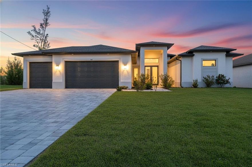 Built in 2023, this beautifully designed new construction home is located on a freshwater canal in desirable Cape Coral. Featuring 3 bedrooms and 3 full bathrooms, the home offers a functional split-bedroom layout with an open-concept living space and soaring vaulted ceilings that enhance the light and airy feel. The modern kitchen flows seamlessly into the main living and dining areas, ideal for everyday living and entertaining. A separate laundry room adds convenience, while the spacious 3-car garage provides ample room for vehicles, storage, or a workshop. The canal-front setting offers peaceful water views and potential for boating or kayaking, perfectly capturing the Florida lifestyle.