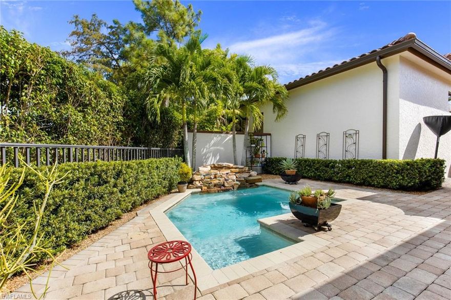 Come explore this wonderfully, bright, and inviting home in Cordoba at Lely Resort. This San Sebastian boasts two bedrooms plus den, two full baths and a two-car garage with an exceptionally large, private courtyard featuring a jetted plunge pool/spa. This home's high ceilings and large windows allow it to seem very open and spacious. Enjoy  the attention to detail within this home from tile throughout all living areas, wood flooring in the bedrooms and den, bright kitchen features stainless steel appliances, granite countertops with beautiful backsplash and even an air-conditioned garage. This residence is tucked in the middle of Lely Resort just a short distance from the award-winning Players Club and Spa which provides 13 tennis courts for the competitive or casual player, pickleball, two resort pools, a lap pool, bocce ball courts, a full-service spa, fitness center and full-service dining. Residents may also take advantage of two public golf courses or explore membership at the Classics Golf and Country Club which is just across the street. Start living the Lely lifestyle today.